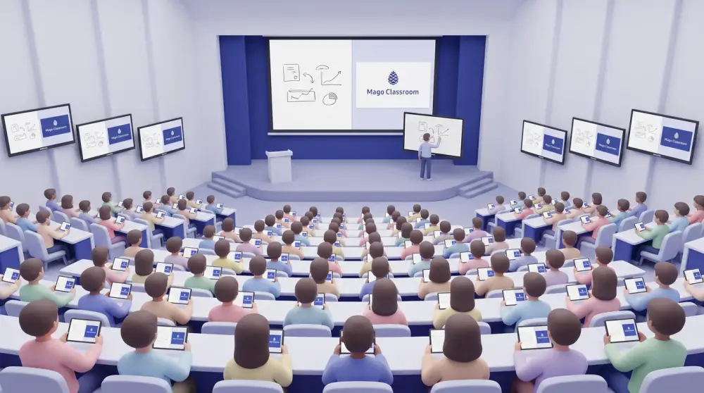 A large lecture hall with the lesson mirrored on multiple wall displays