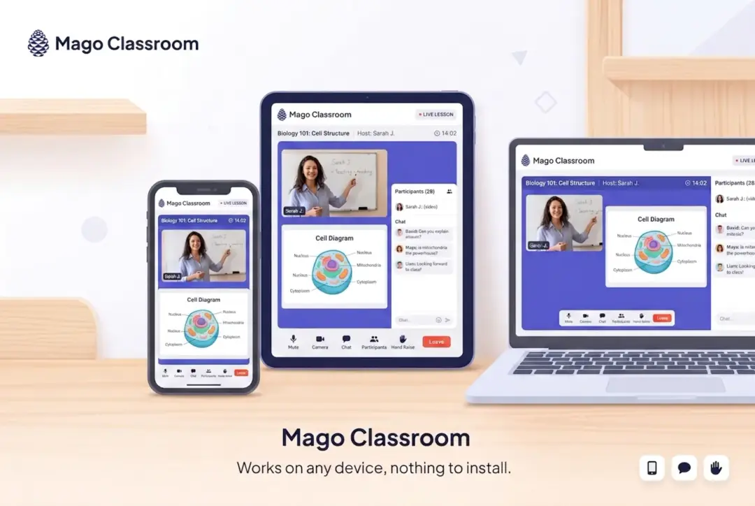 Mago Classroom running across laptops, tablets and phones