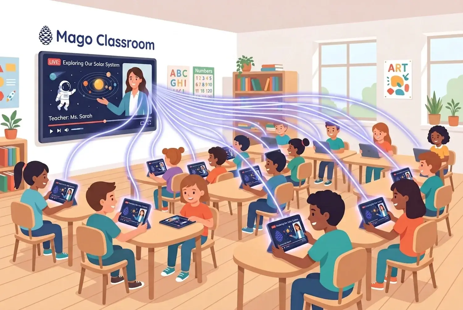One screen broadcast live to every student device